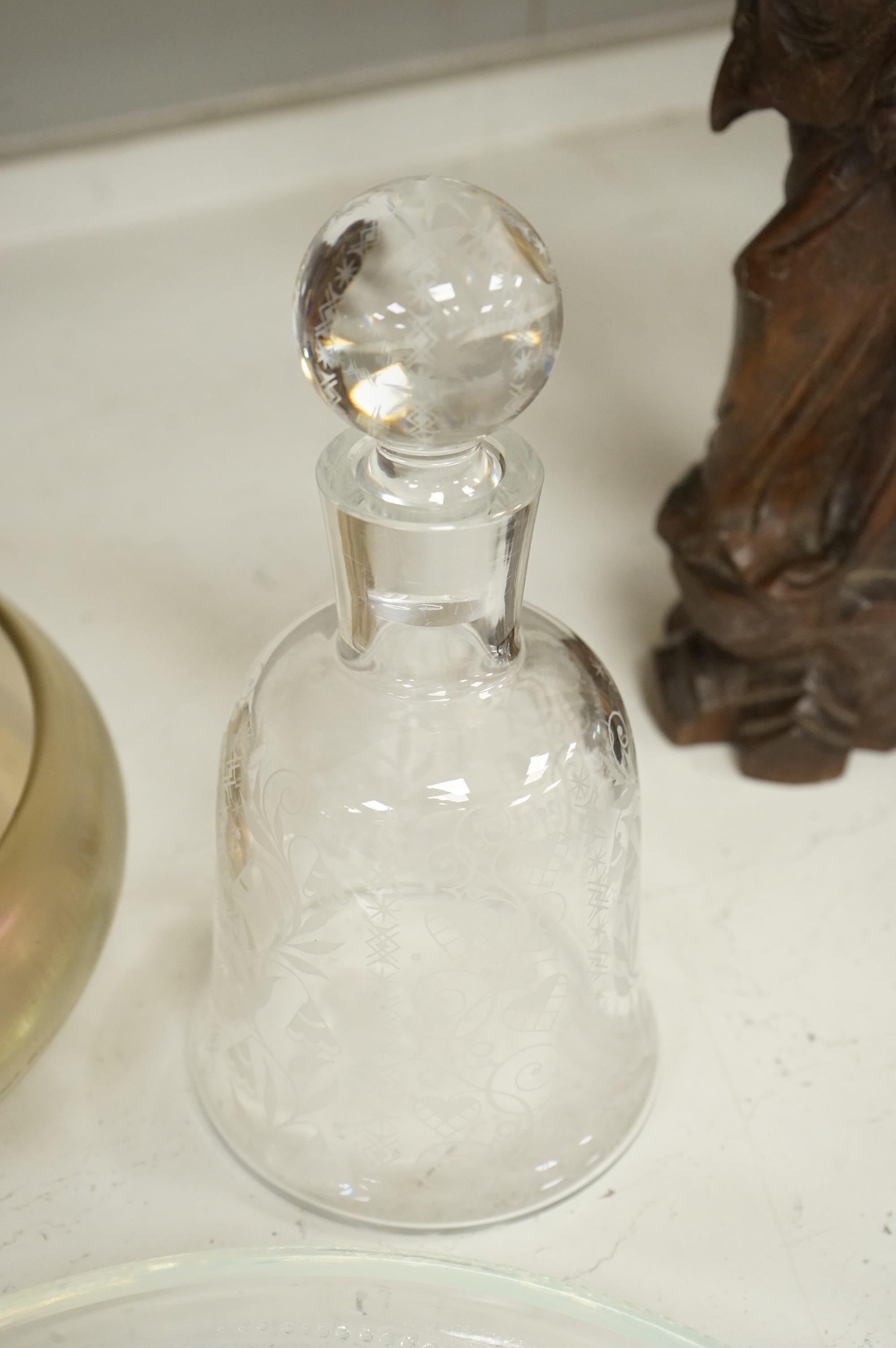 A Baccarat Argentina botanical decanter and a stopper, a Lalique-style opalescent dish and a glass lustre bowl, largest 30cm in diameter